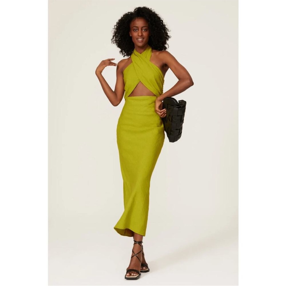 Simon Miller Kiwi Yabba Dress Linen Cross Front Halter Column Maxi Green Medium